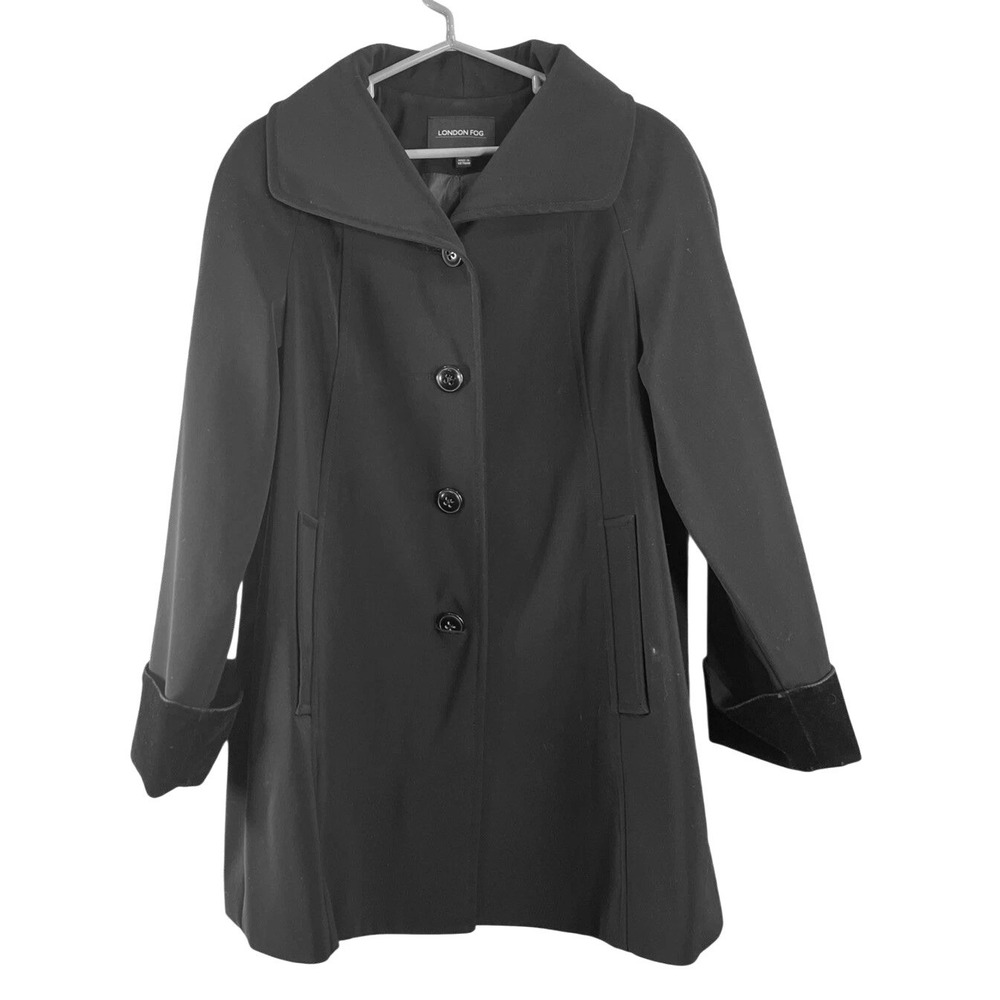 London Fog Womens Mid Length Trench Coat Sz L Black All Weather Velvet Cuff Chic